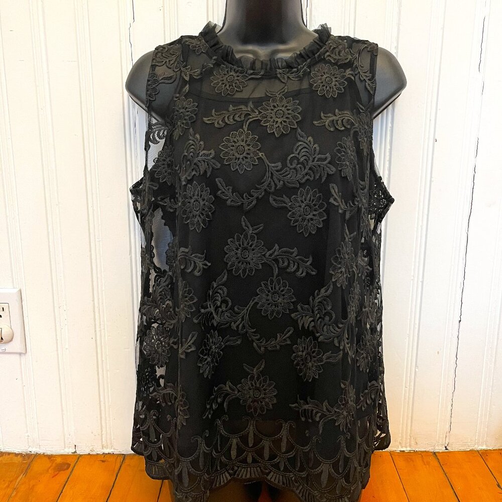 Adiva High Neck Black Lace Sleeveless Blouse, Size Large